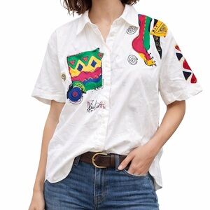 Basler Unisex Graphic Button-Up Shirt – White with Colorful Print